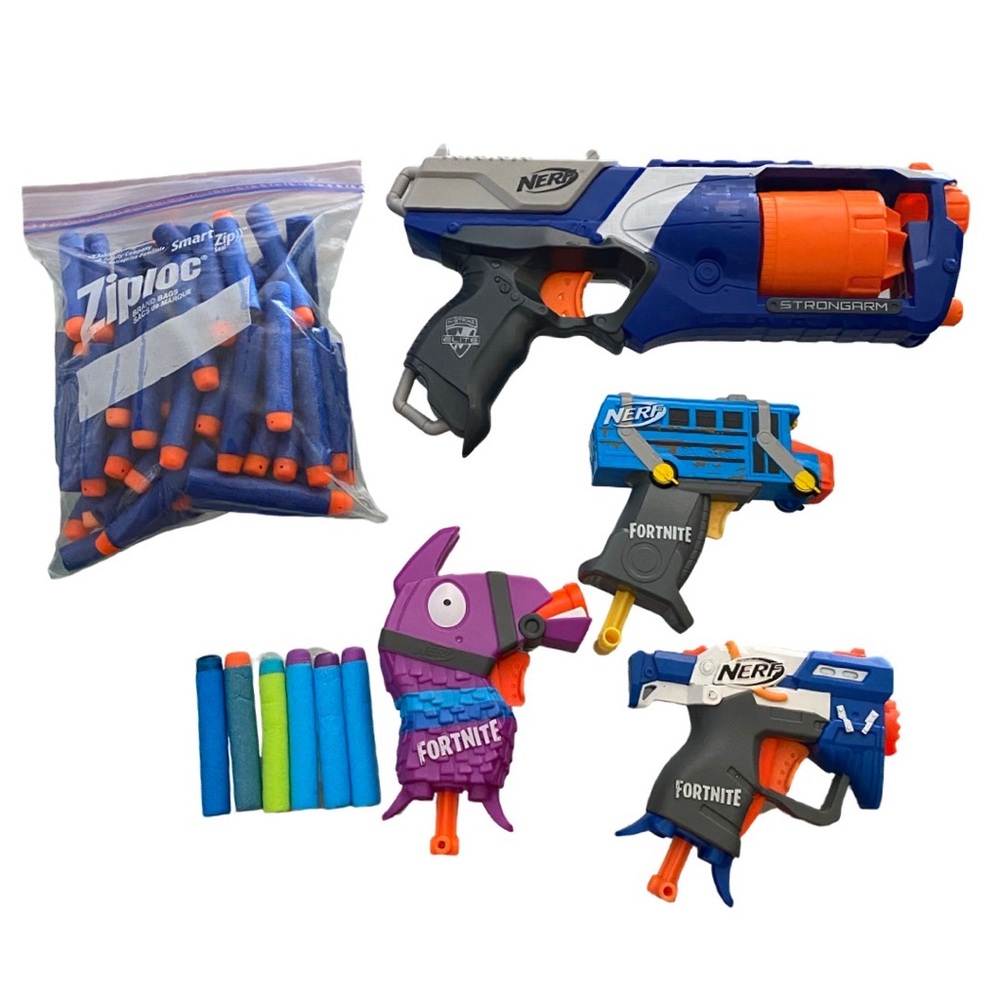 Nerf Fortnite Mini Blaster Set of Three and Nerf N-Strike Elite Strongarm